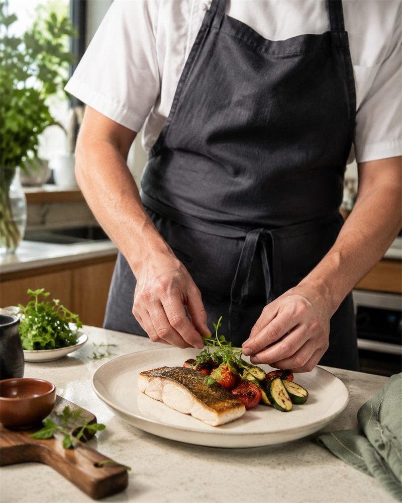 A private chef finishing a healthy coastal dish